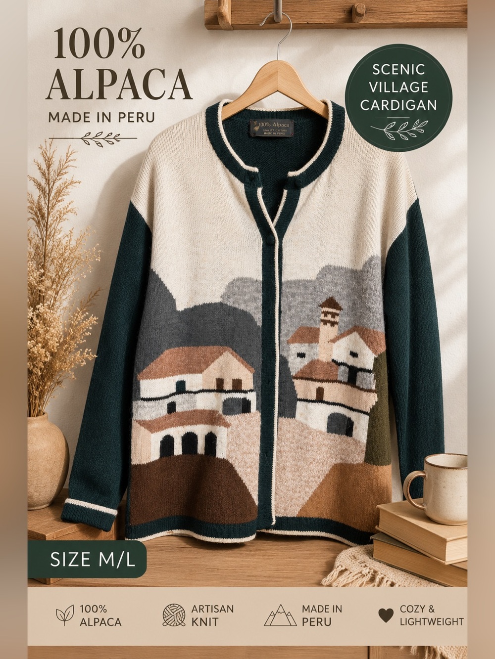 100% Alpaca Peru Scenic Village Cardigan Sweater Green Cream Size M/L